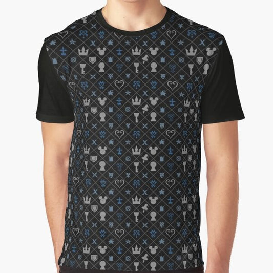 Kingdom Hearts themed graphic t-shirt with a repeating pattern design featuring characters like Sora, Donald, and Goofy.