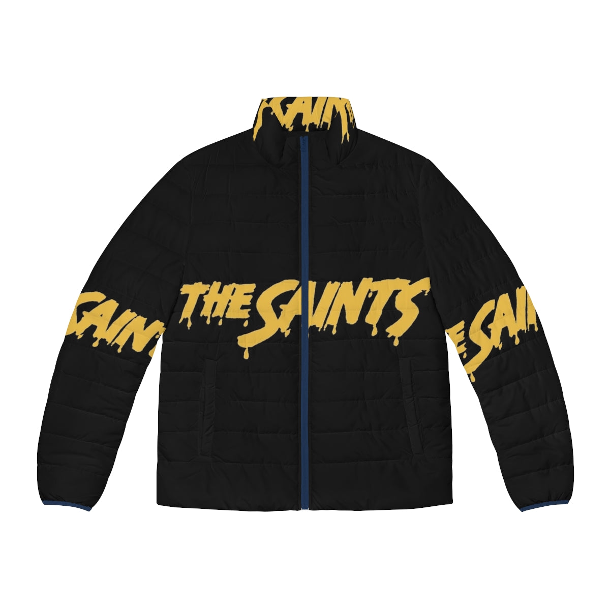 The Saints Puffer Jacket, a stylish and warm outerwear piece featuring a punk-inspired design