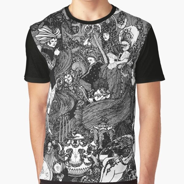 Aubrey Beardsley's "The Cave" art nouveau graphic design on a t-shirt.