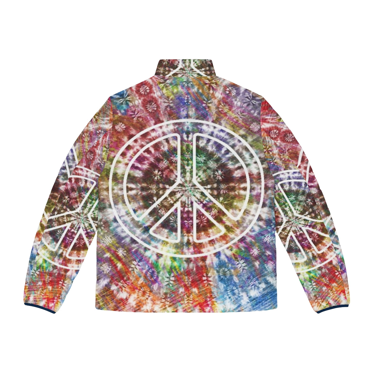 Vibrant retro tie-dye puffer jacket with peace sign and psychedelic design - Back