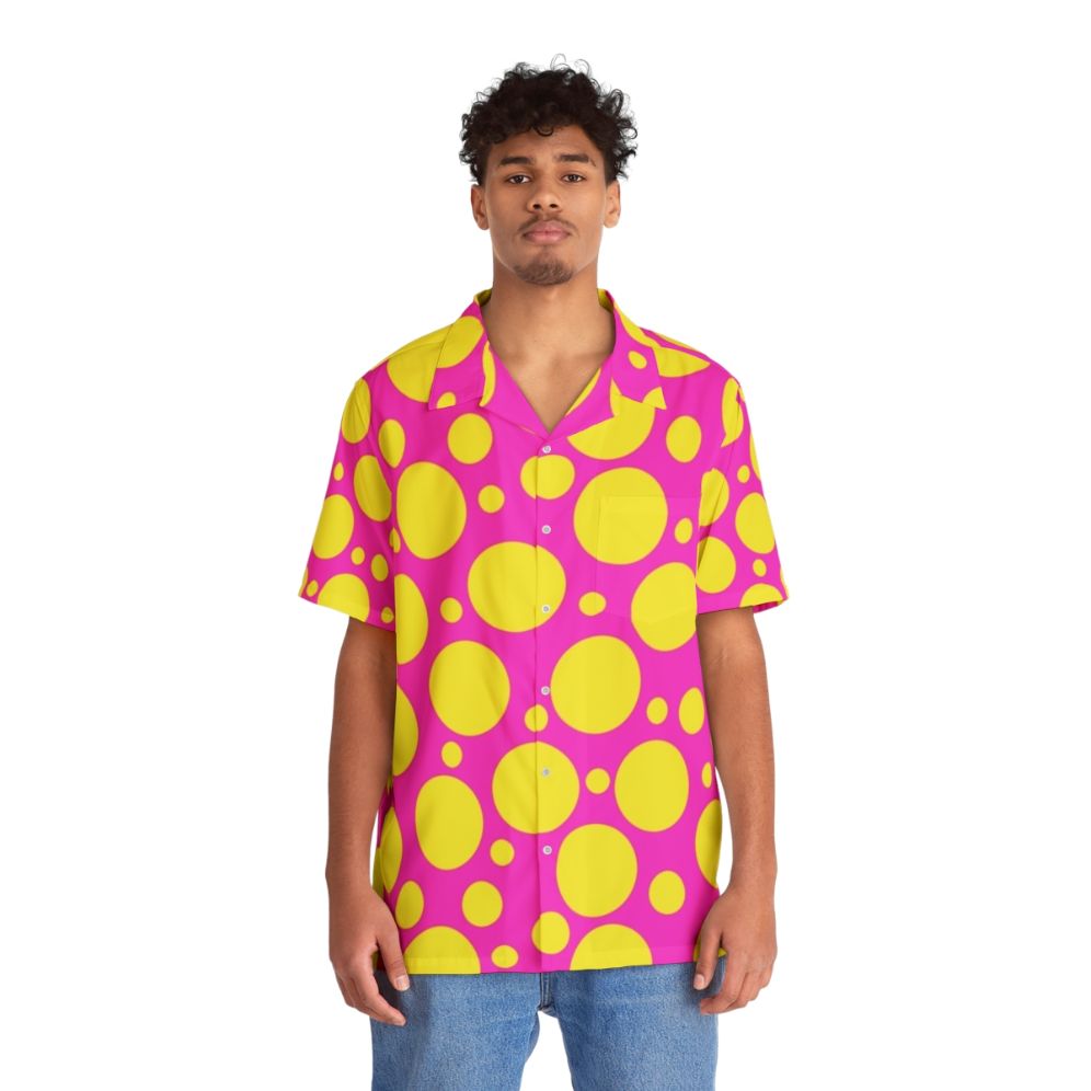 Colorful polka dot Hawaiian shirt in bright pink and yellow - People Front