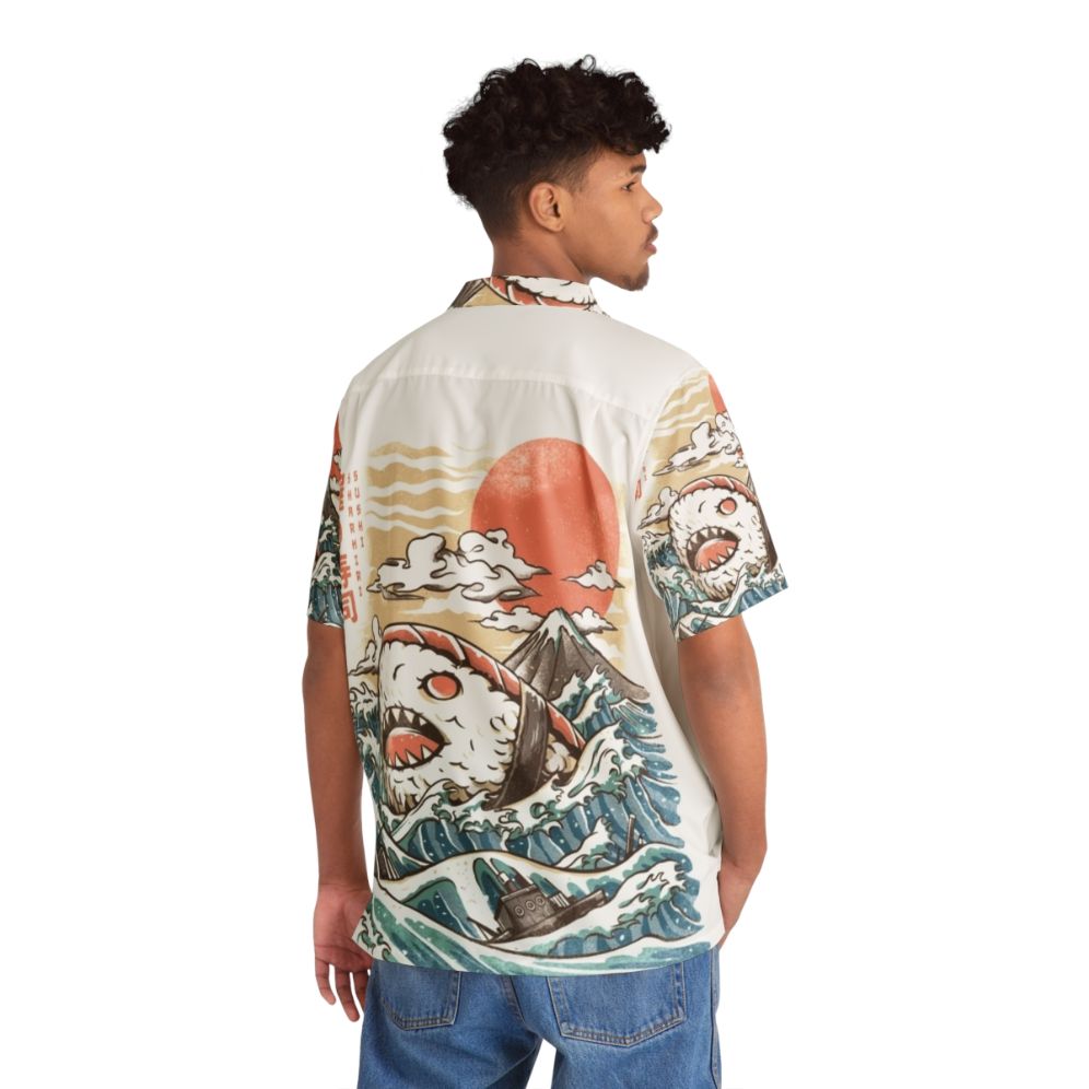 Sharkiri Sushi Hawaiian Shirt featuring a kawaii shark and sushi design - People Back