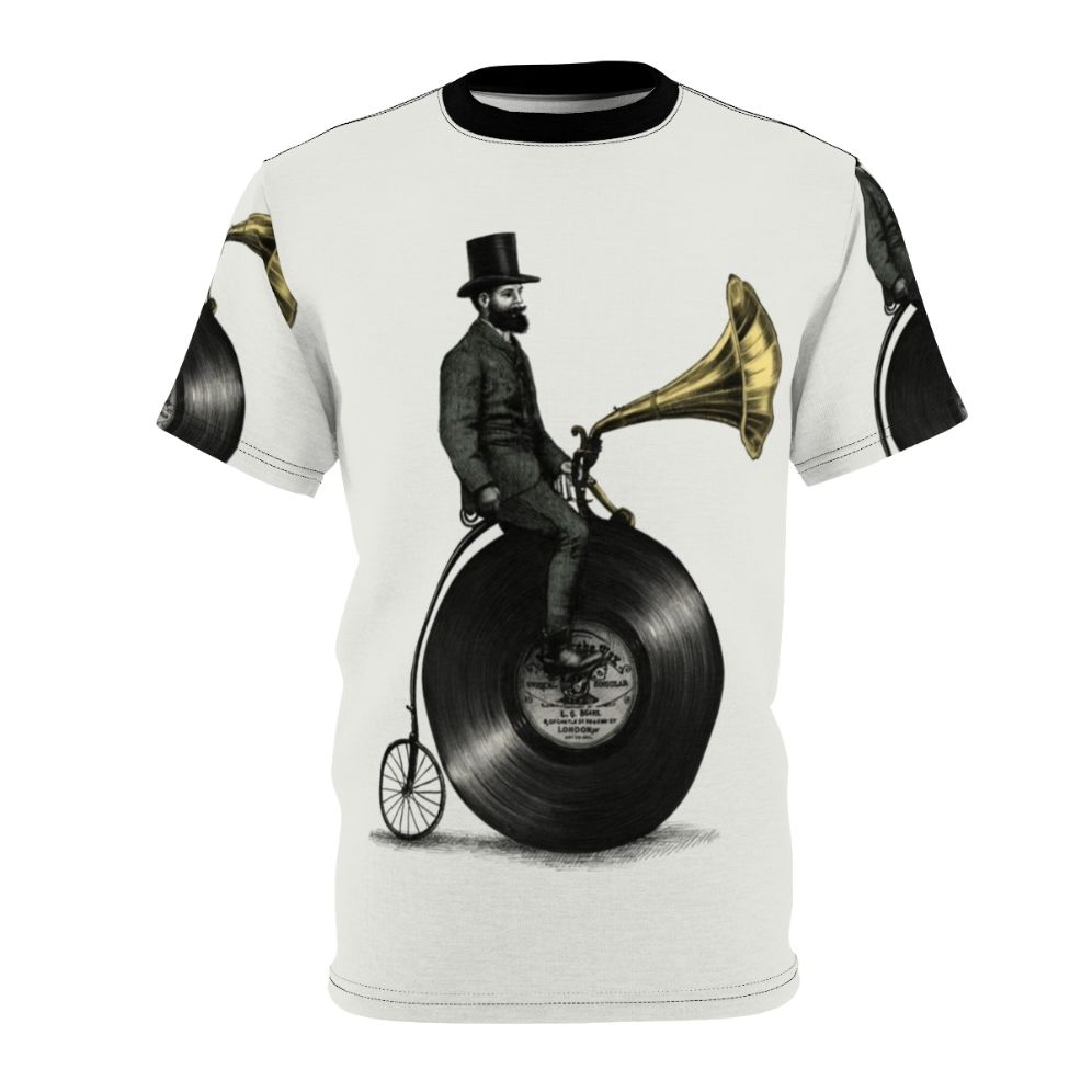 A t-shirt featuring a vintage-inspired, surreal digital illustration of a music-themed character with a top hat, mustache, and penny farthing bicycle.