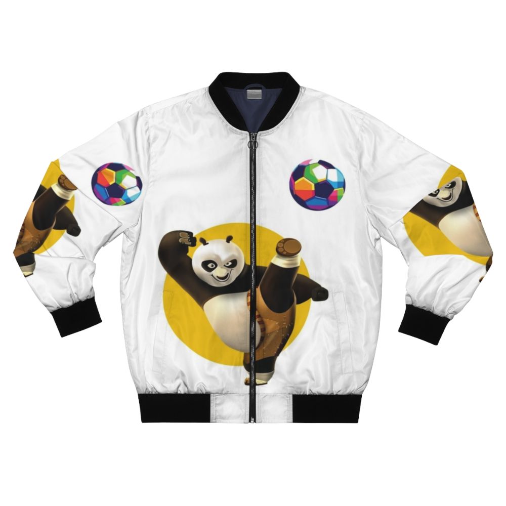 A colorful and cute bomber jacket featuring a panda playing soccer in a space-themed design.