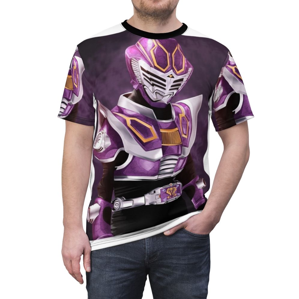 Vibrant all-over-print t-shirt design inspired by the popular Kamen Rider tokusatsu series - men front