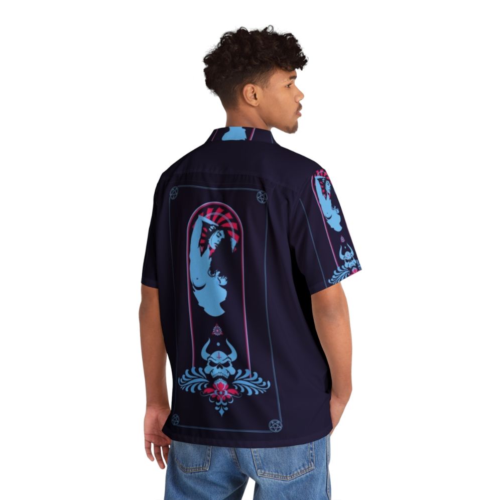 Satanic-inspired Hawaiian shirt with occult symbols and heavy metal imagery - People Back