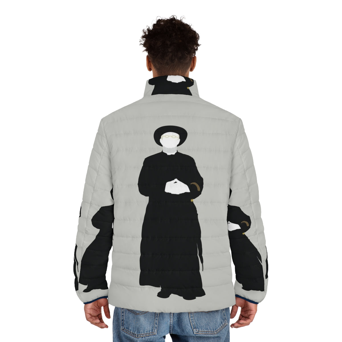 Hercule Poirot inspired puffer jacket with mystery thriller design - men back