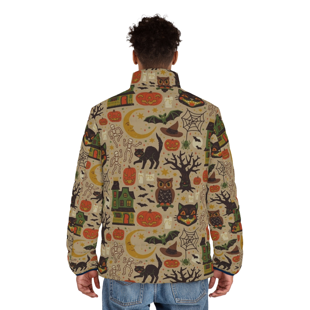 Vintage Halloween-themed puffer jacket with black cats, owls, and other spooky design elements - men back