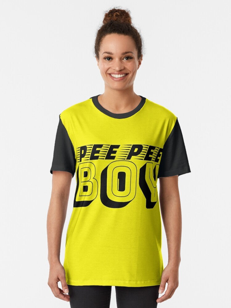 A funny graphic t-shirt featuring the text "Pee Pee Boy" in a unique typography design. - Women