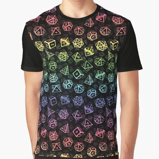 Colorful d20 dice set pattern graphic t-shirt for dungeons and dragons fans