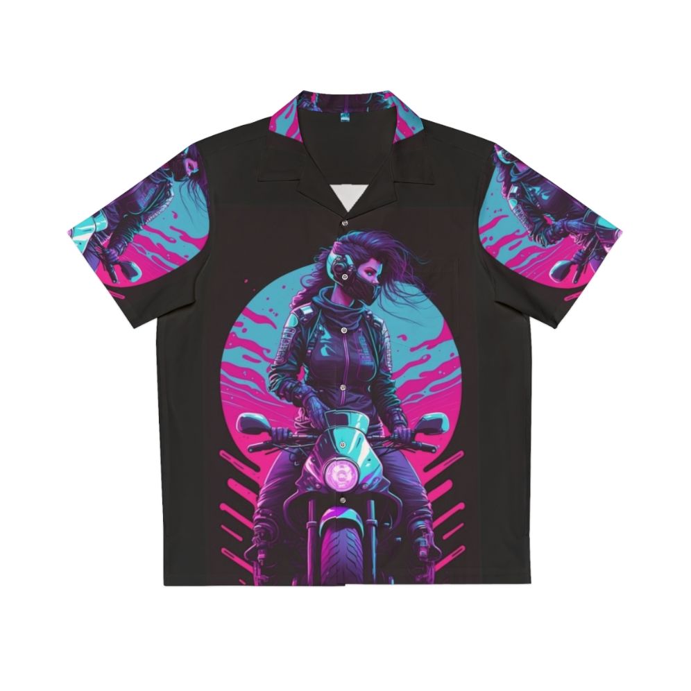 Neon 80s synthwave biker girl hawaiian shirt