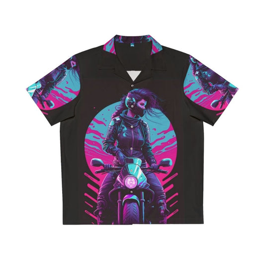 Neon 80s synthwave biker girl hawaiian shirt