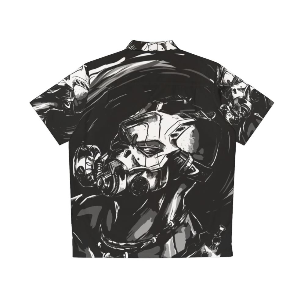 Borderlands-inspired dark graphic Hawaiian shirt with monochrome cell-shaded design - Back