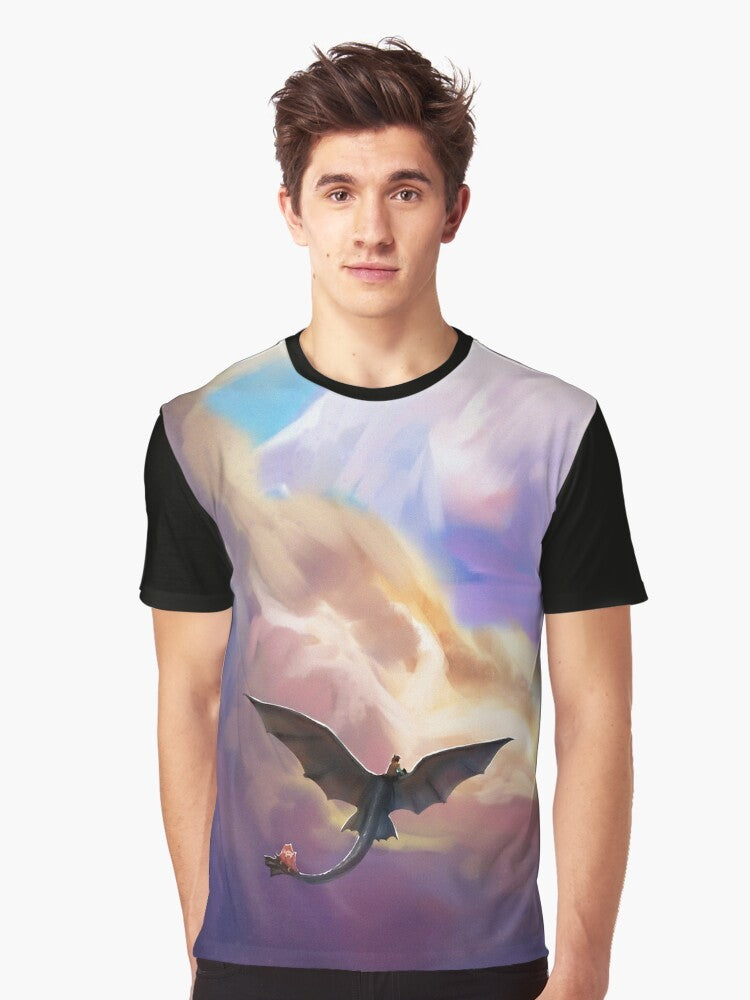 Graphic t-shirt design featuring Toothless, the Night Fury dragon from the "How to Train Your Dragon" movie. - Men