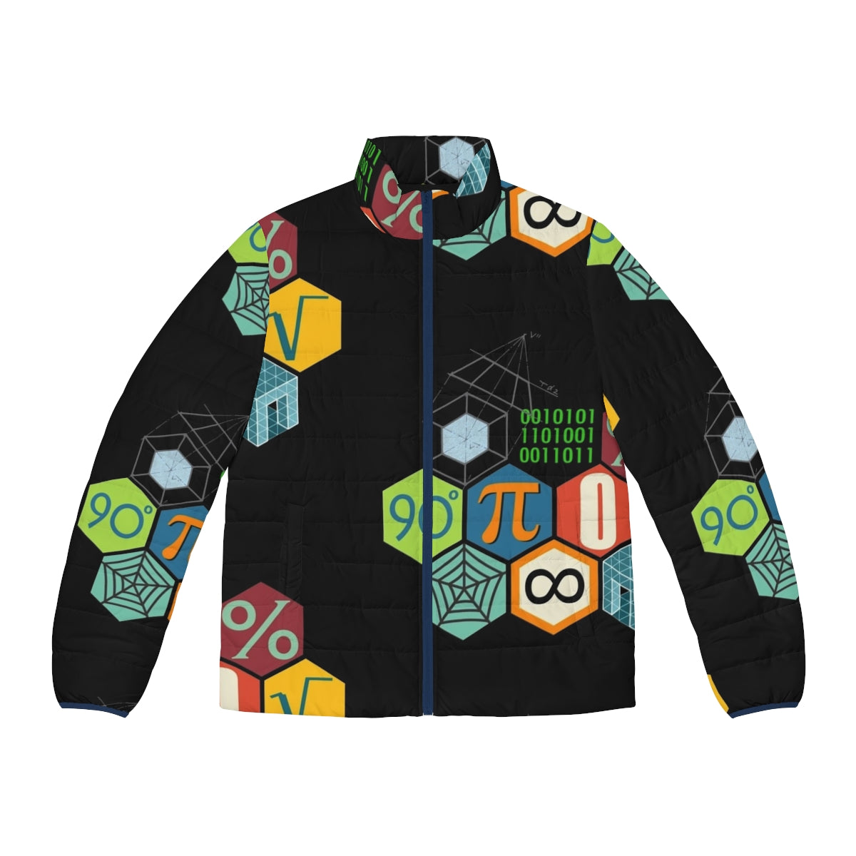 Math Puffer Jacket with geometric patterns and mathematical symbols