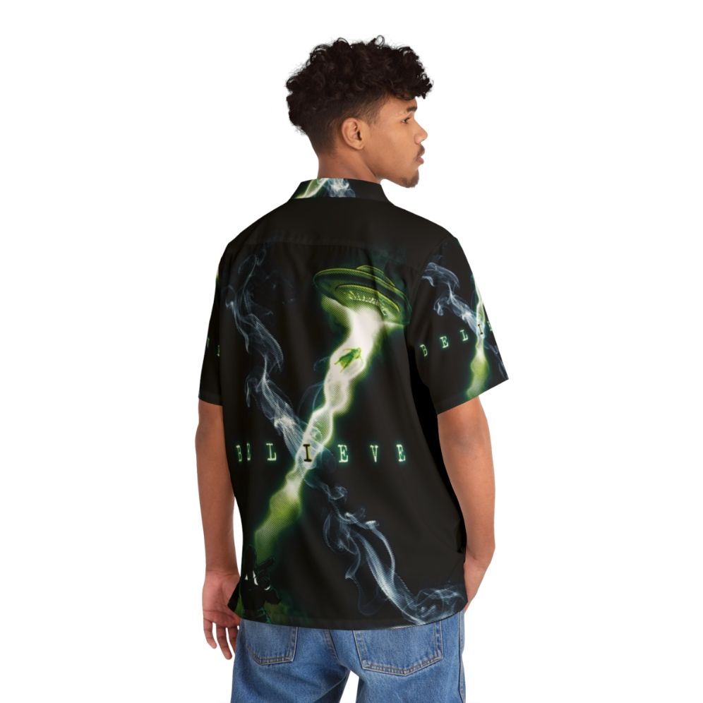 "I Believe" X-Files Hawaiian Shirt with UFO and Alien Abduction Imagery - People Back