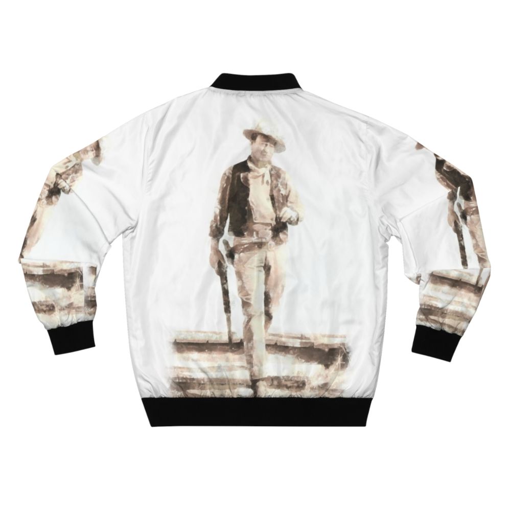 A watercolor-style illustration of a classic John Wayne bomber jacket, featuring the iconic "The Duke" nickname and Western/Americana imagery. - Back