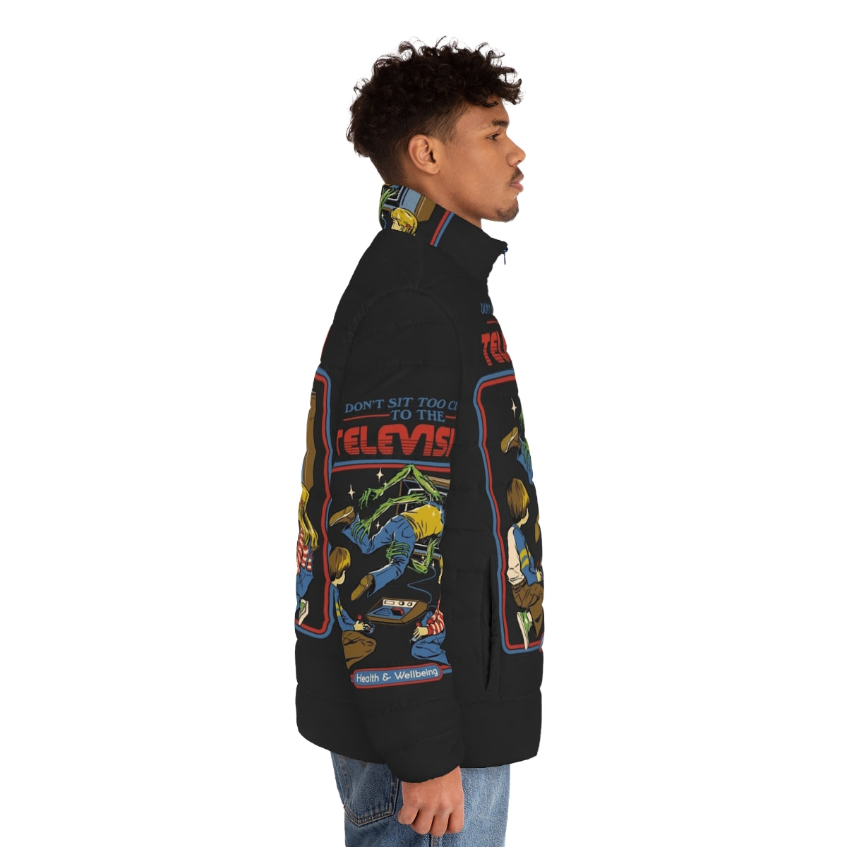 Retro gaming puffer jacket with horror-themed design - men side right