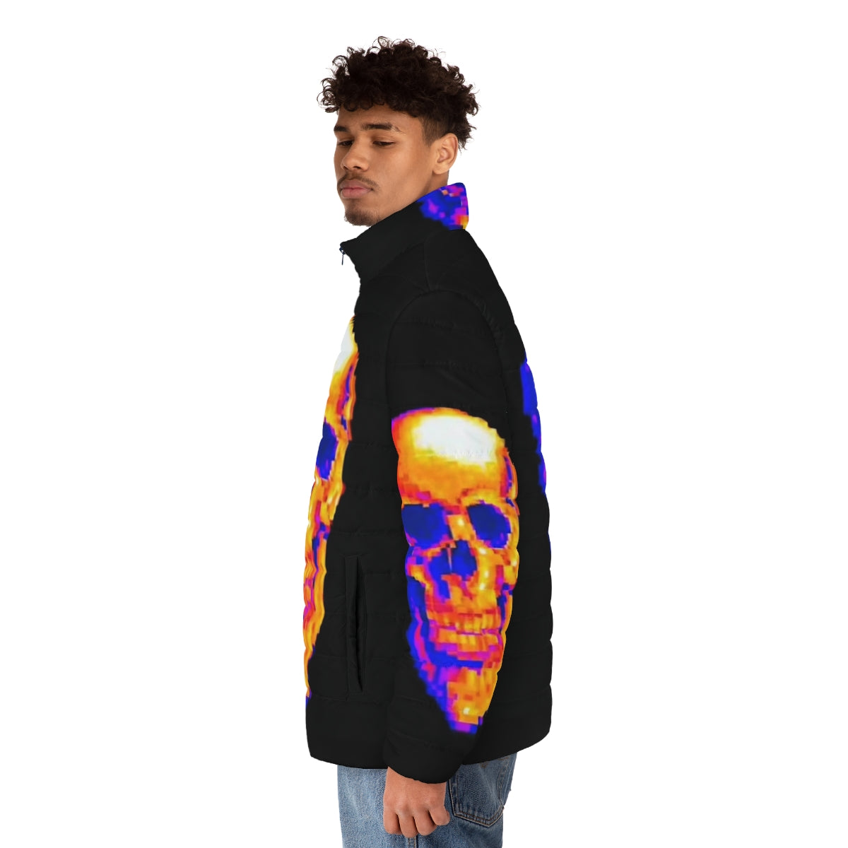 Mde Puffer Jacket featuring pixel art and a skull design - men side left