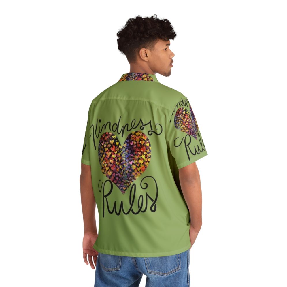 Colorful Hawaiian shirt with "Kindness Rules" text and heart design - People Back