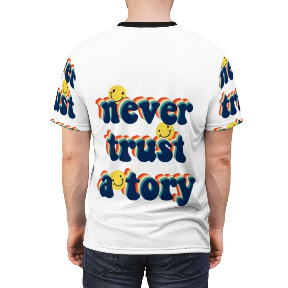 Anti-Tory Political Protest T-Shirt with the slogan "Never Trust a Tory" - men back