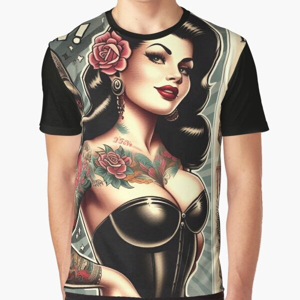 Vintage tattoo pin-up girl graphic t-shirt