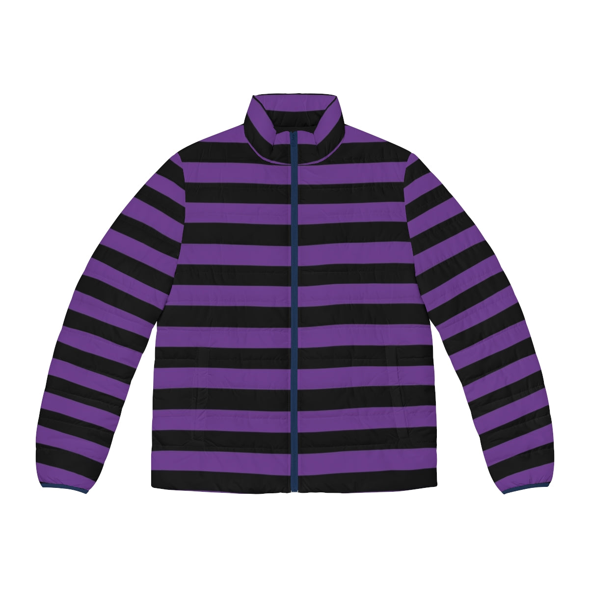 Striped purple and black puffer jacket with thick horizontal stripes