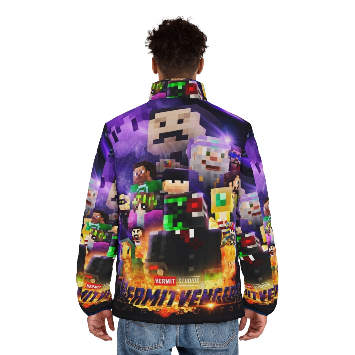 Hermitcraft Puffer Jacket featuring the Button design from Avengers Endgame and Minecraft - men back