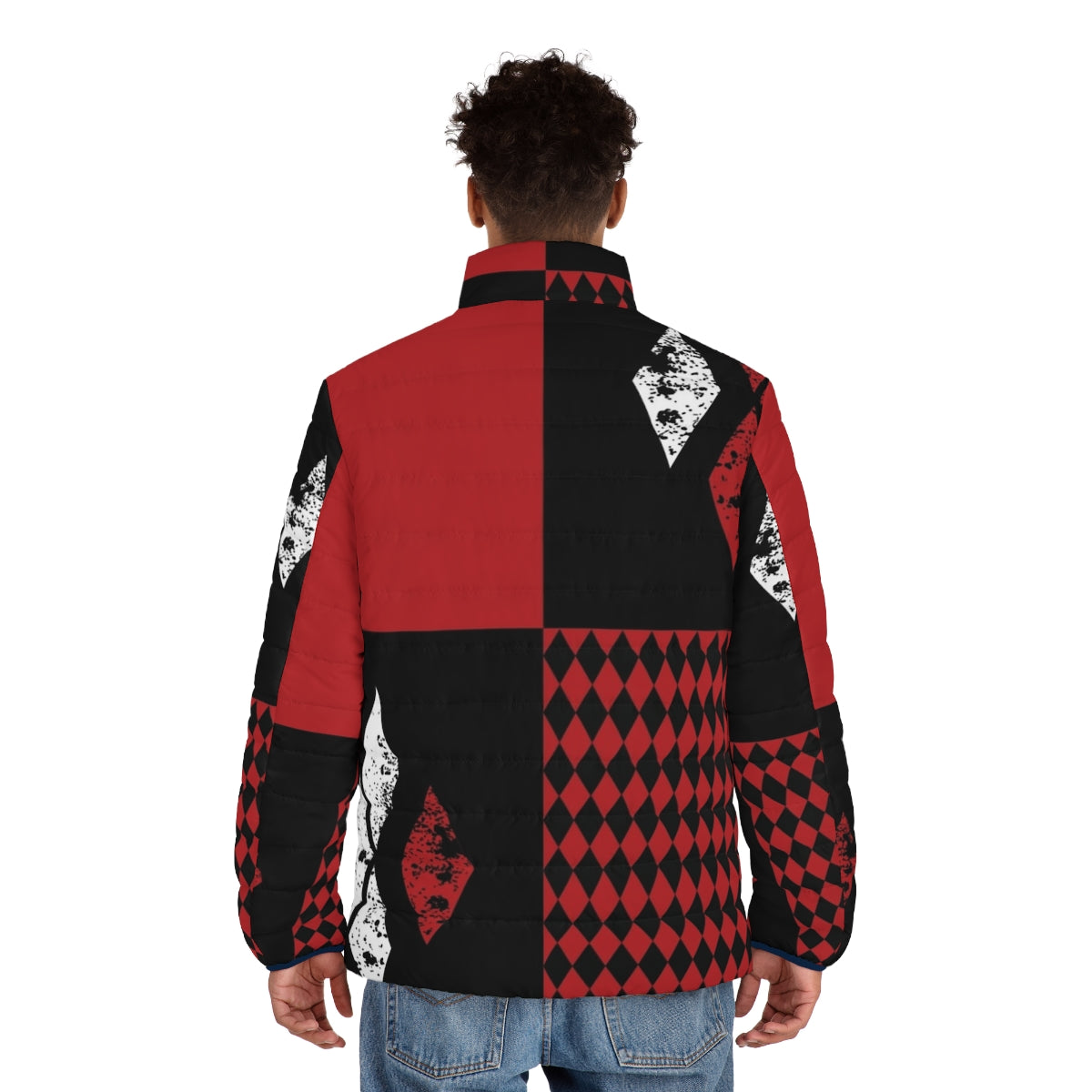 A red, white, and black puffer jacket with diamond patterns, perfect for a Harley Quinn-inspired look. - men back