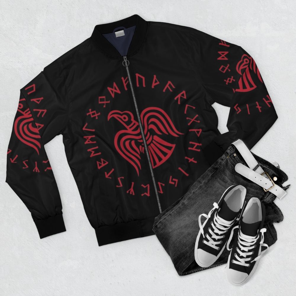 Norse Raven Runes Viking Bomber Jacket with Futhark Runes and Odin's Ravens Huginn and Muninn - Flat lay