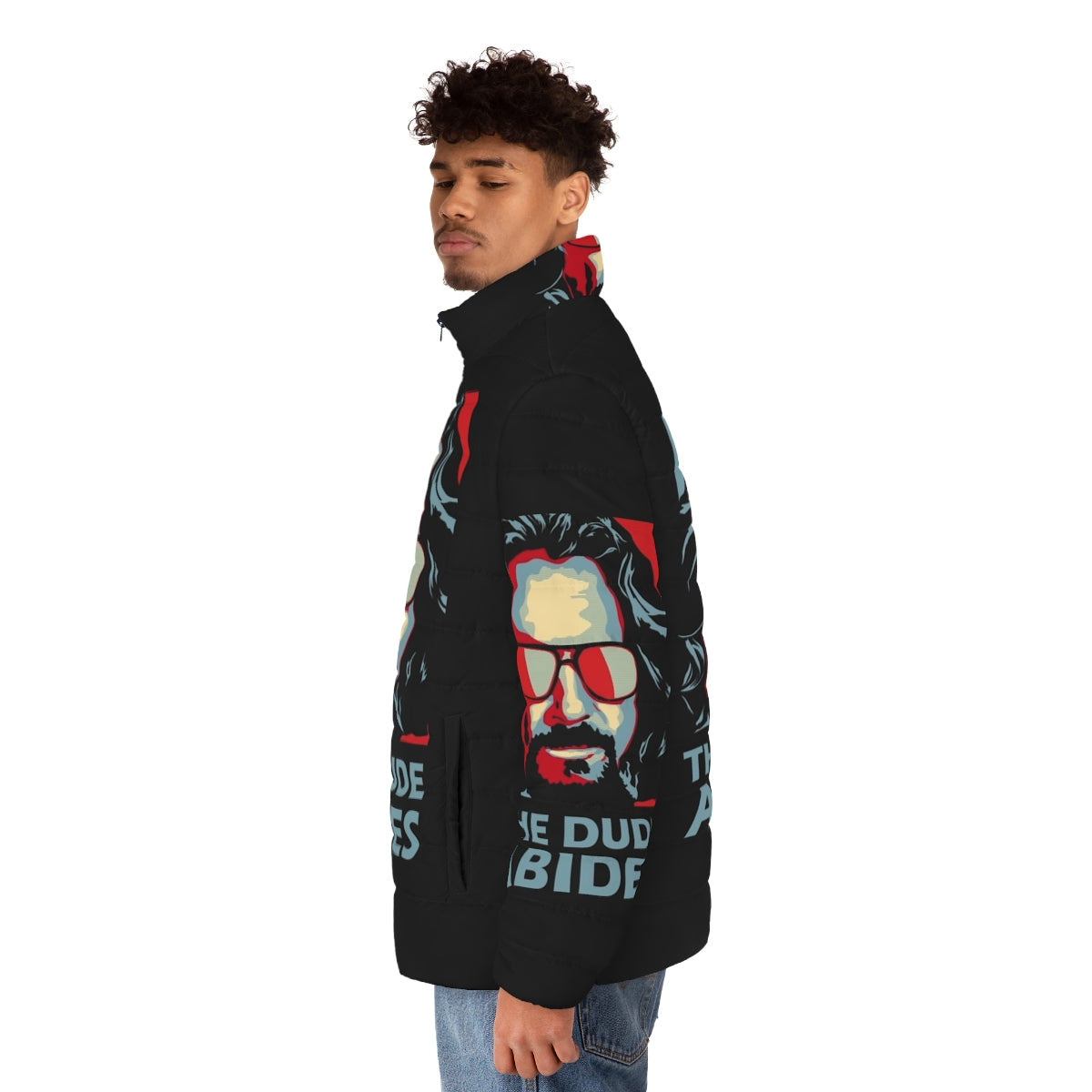 The Dude Abides Man Puffer Jacket featuring a retro '90s stoner-inspired design - men side left