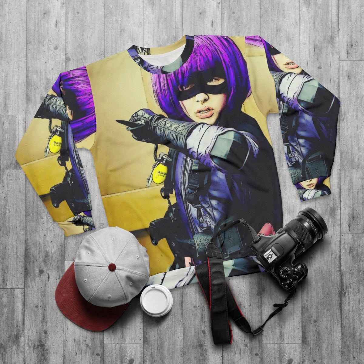 Hitgirl 2 superhero comic book character sweatshirt - flat lay