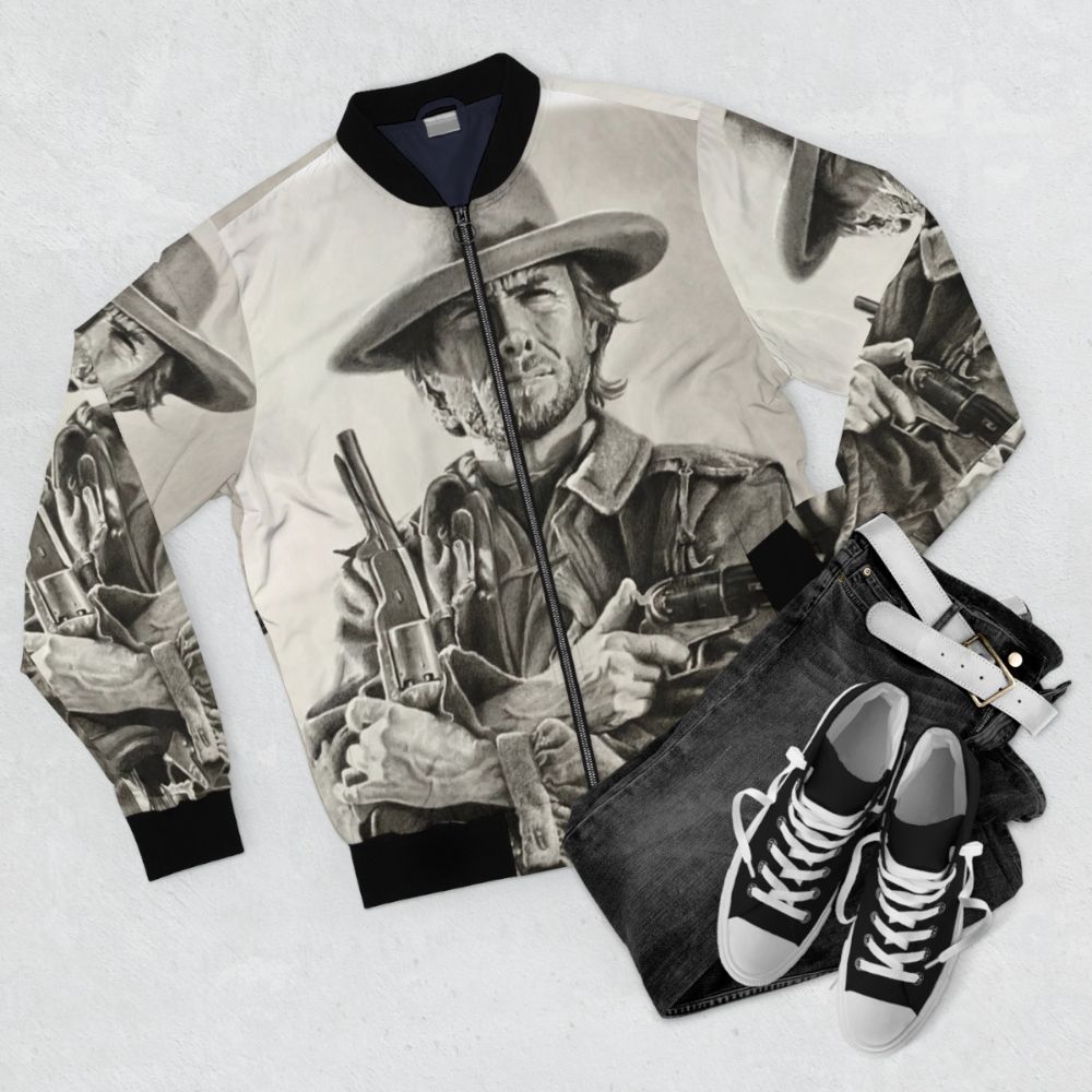 Clint Eastwood sketch printed on a black bomber jacket - Flat lay