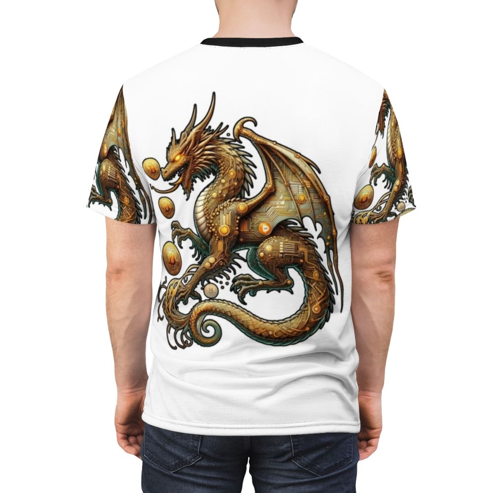 T-shirt featuring a dragon design with Bitcoin, cryptocurrency, and blockchain symbols. - men back