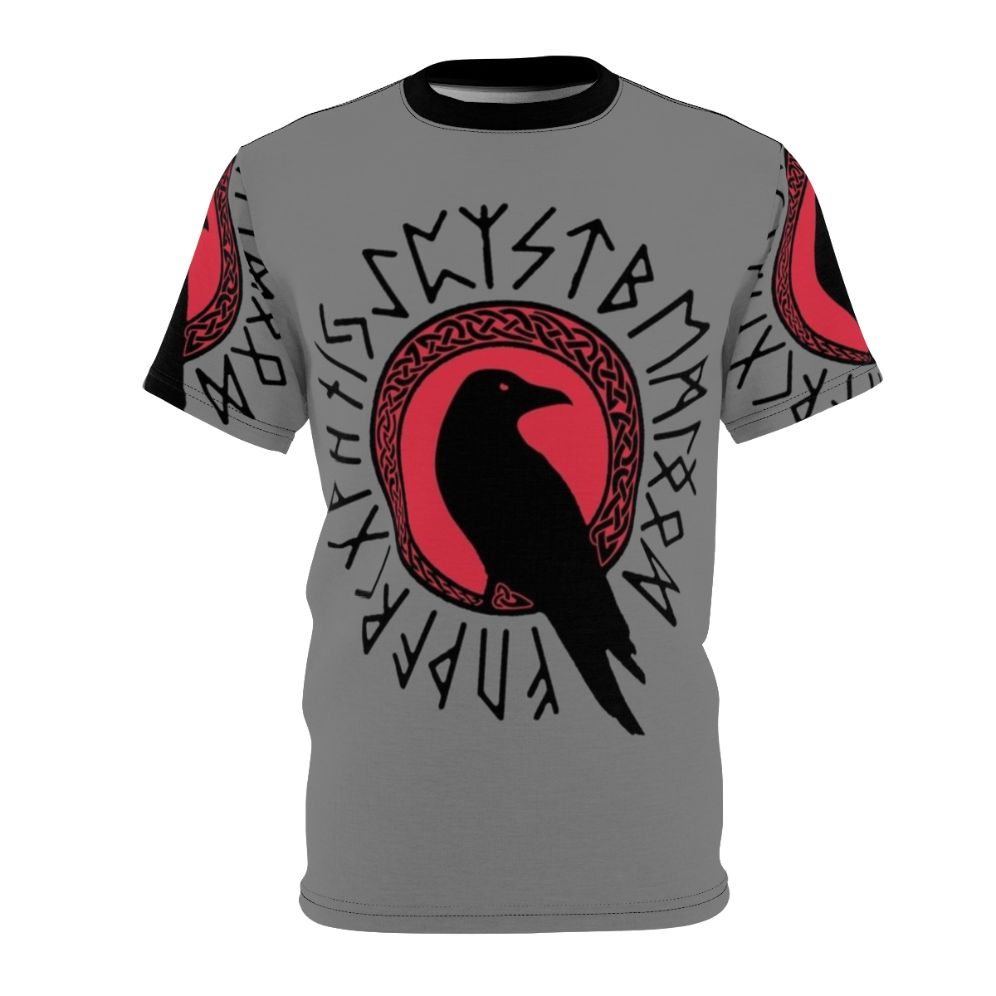 Viking raven graphic on a black and red t-shirt with futhark runes and celtic knot design