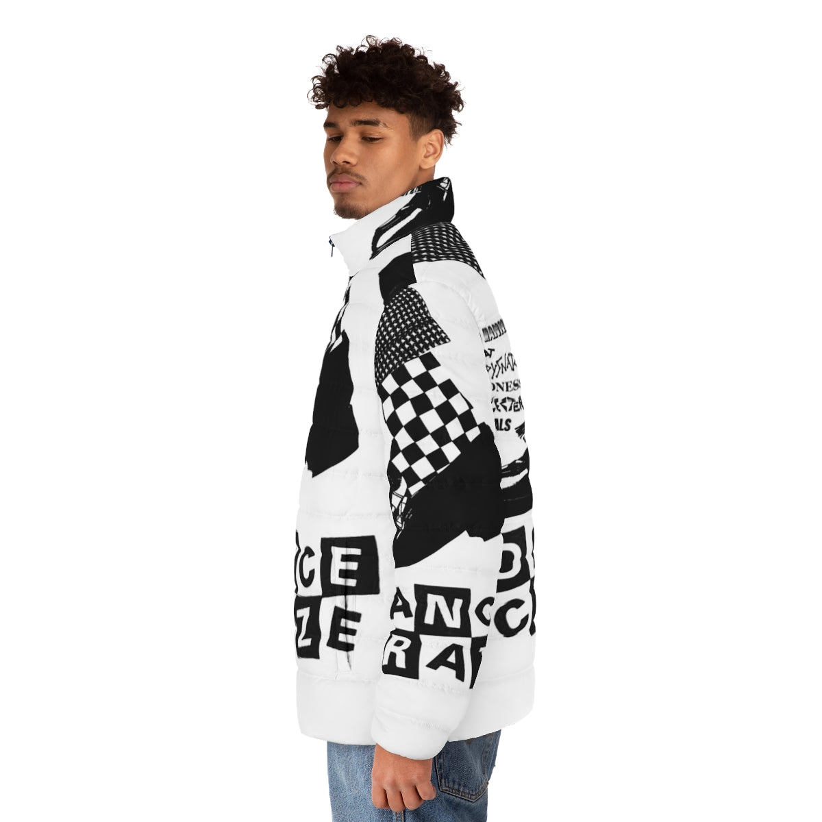 Stylish ska dance puffer jacket featuring reggae and mod inspired graphics - men side left