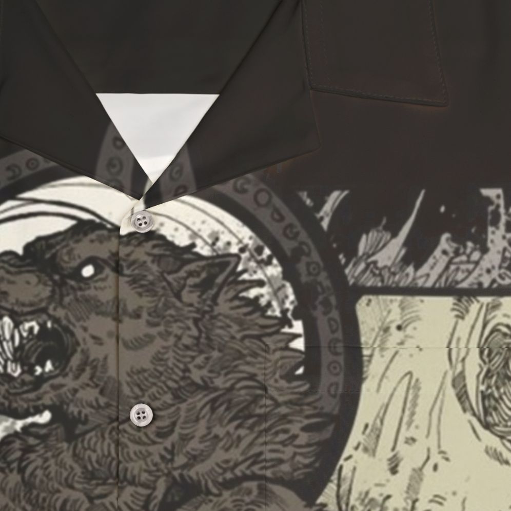 Ritual Wolf Hawaiian Shirt featuring a wolf and skull design - Detail