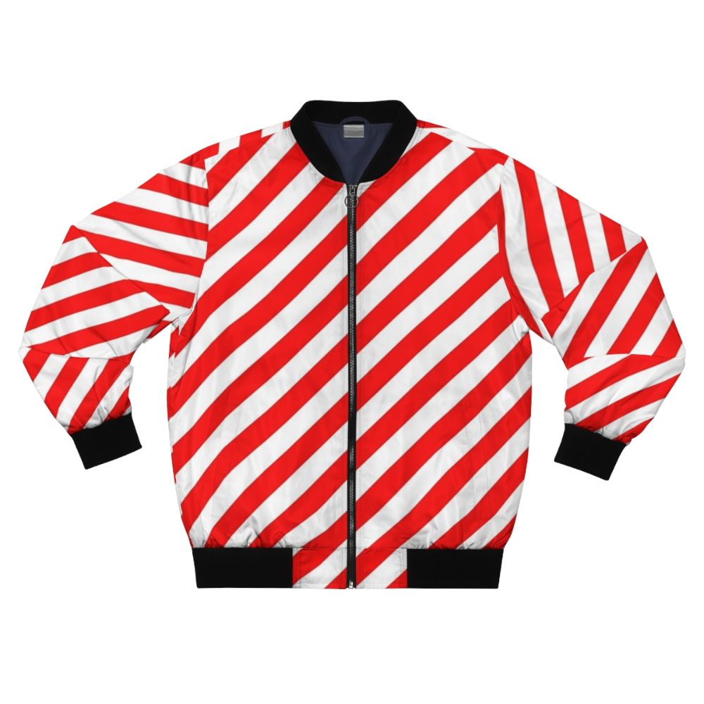 Red and white diagonal stripes bomber jacket with a pattern design