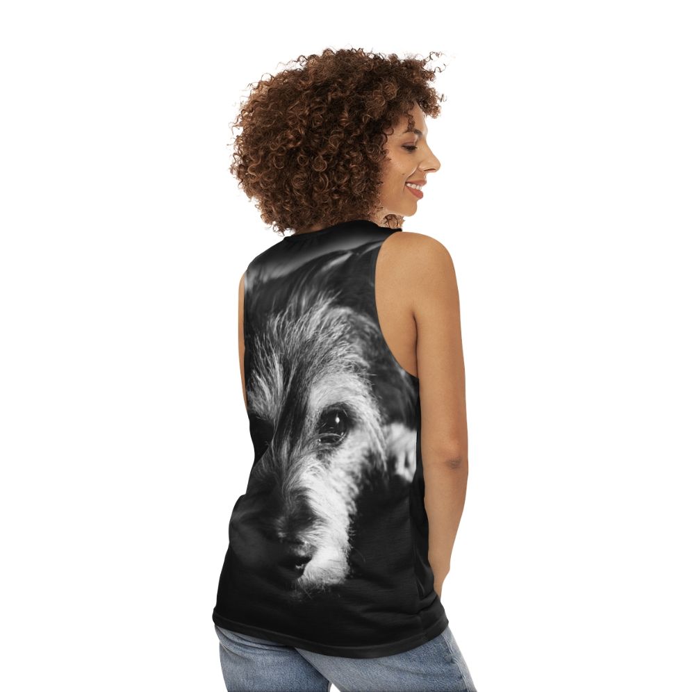 Unisex black and white terrier dog print tank top - women back