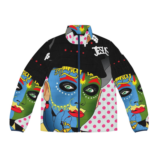 Colorful and whimsical Leigh Bowery puffer jacket, featuring a bold pop art style graphic design