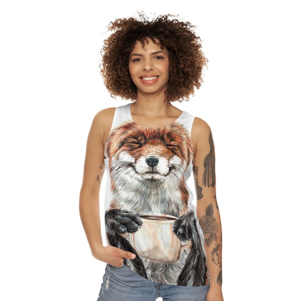 Cute Morning Coffee Fox Unisex Tank Top - women