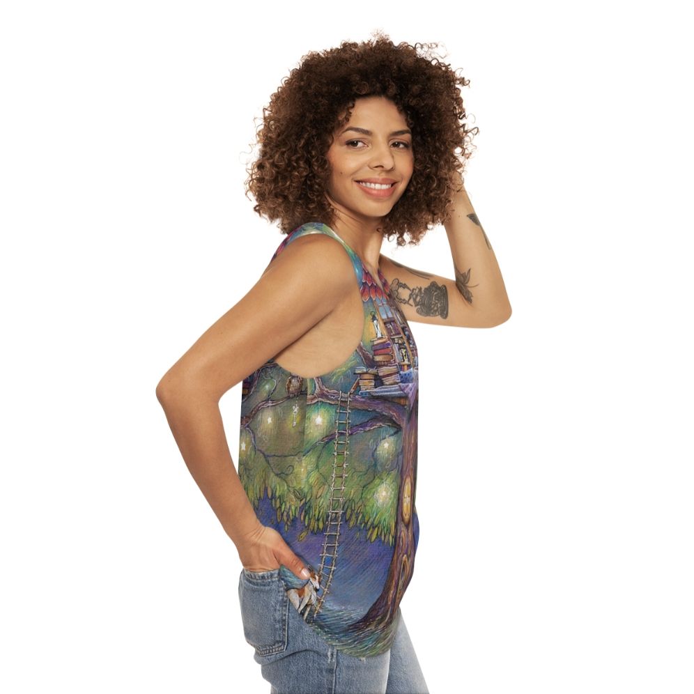 Treehouse Unisex Tank Top with Nature-Inspired Design - women side