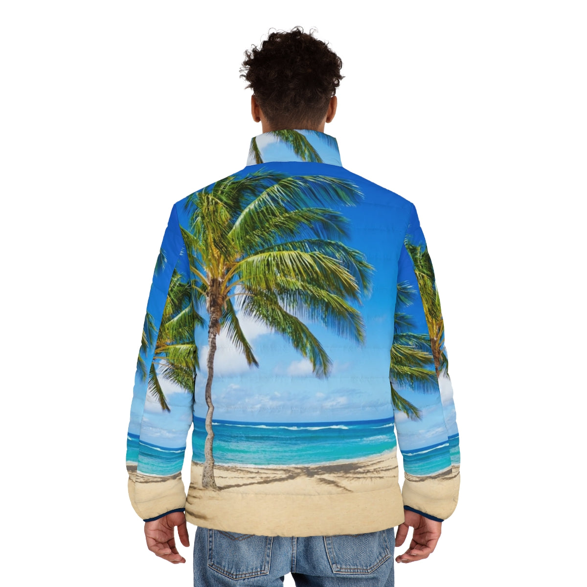 A vibrant puffer jacket featuring a scenic palm tree landscape on a tropical beach in Hawaii - men back