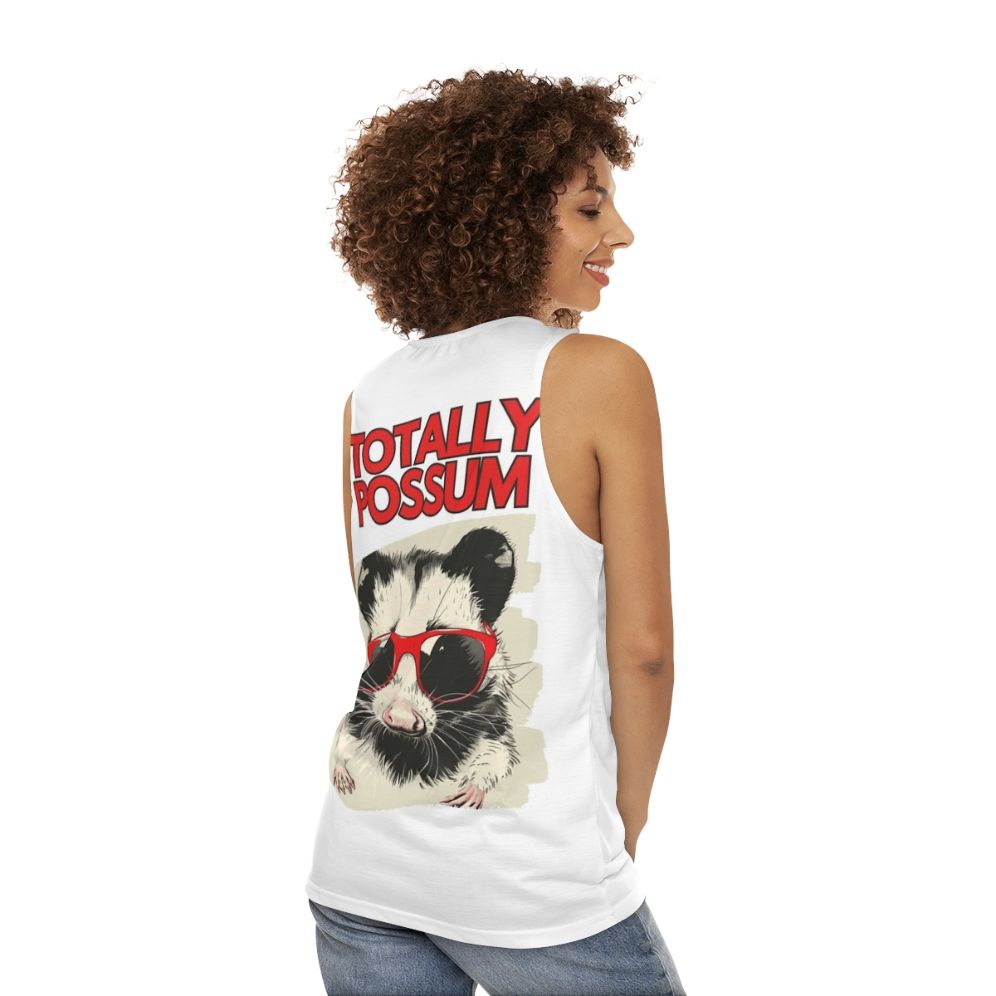 A model wearing a Possum Unisex Tank Top - women back