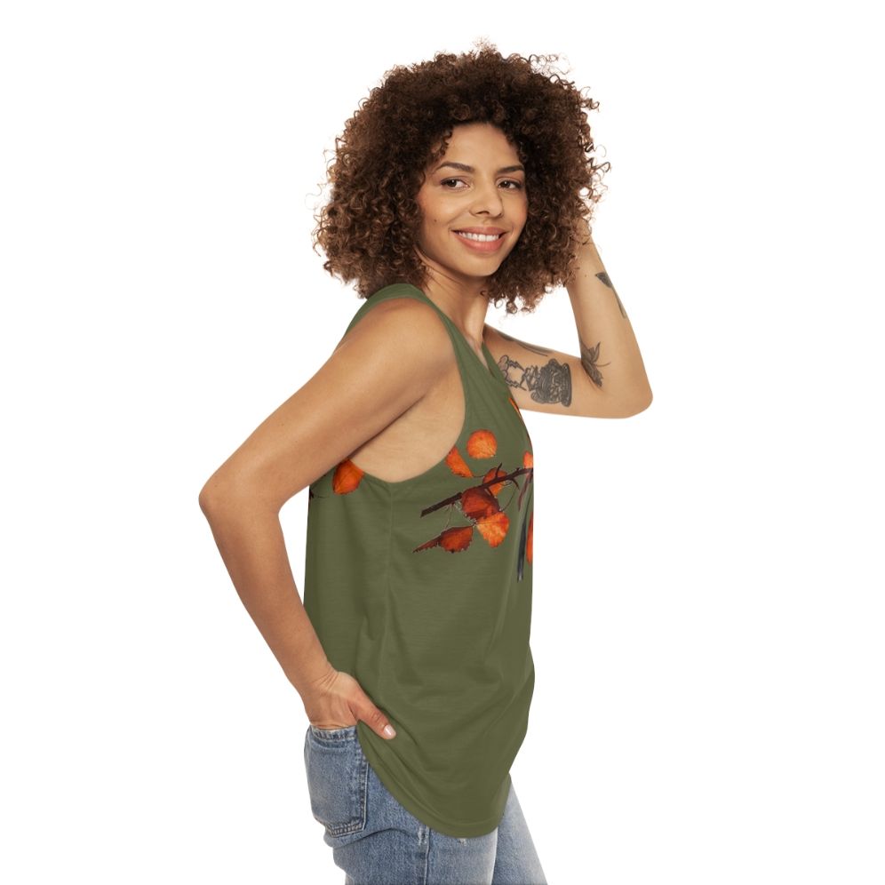 Moss green unisex tank top with cute bats hanging on leaves - women side