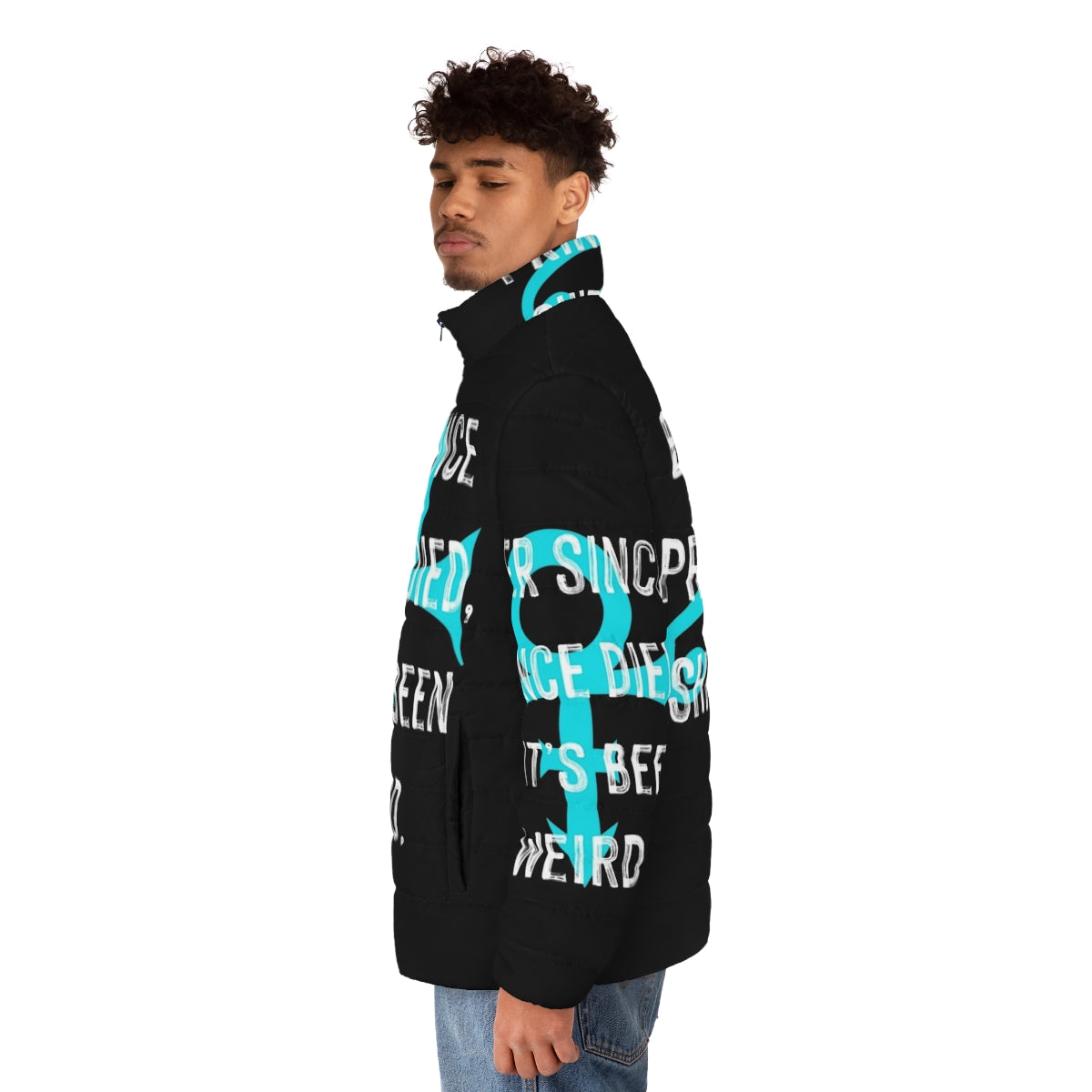 The Artist Music Quote Puffer Jacket featuring a stylish design and musical quotes - men side left