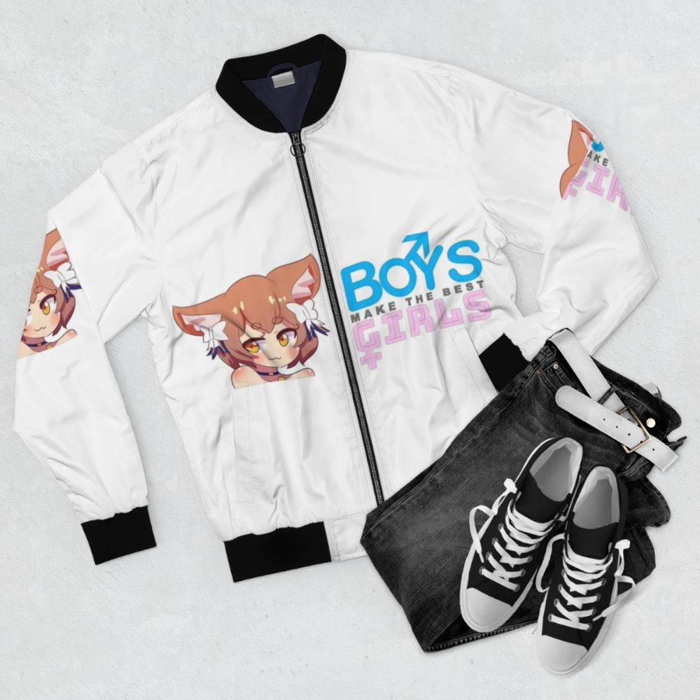 Anime-inspired bomber jacket with "Trap" design featuring Felix Argyle character - Flat lay