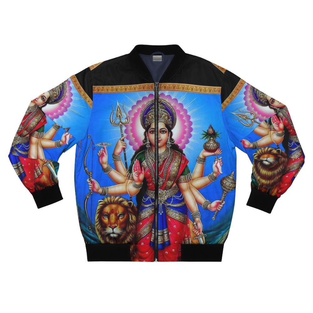 Vintage bomber jacket featuring a Hindu god design with arrows, mountains, staff, and other traditional Indian elements.