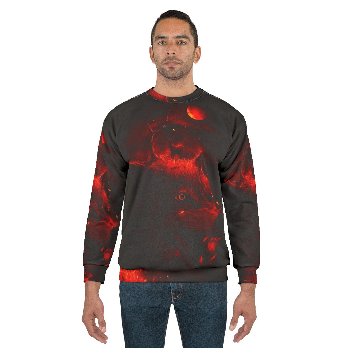 Red sweatshirt with dark night sky, wolf and deer silhouettes - men