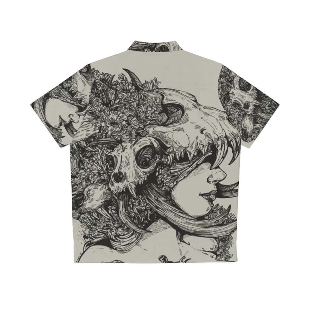 Tropical floral Hawaiian shirt with ink skull wolf antlers design - Back